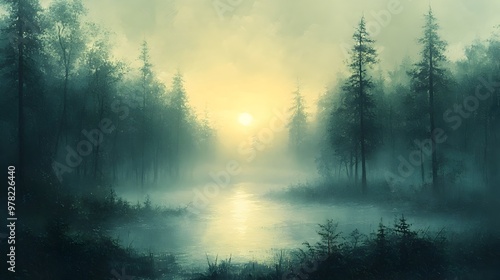 Misty Forest Landscape in Early Morning Light with Soft Brushstrokes