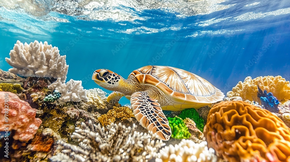 Fototapeta premium Green sea turtle swimming over vibrant coral reef in clear tropical ocean