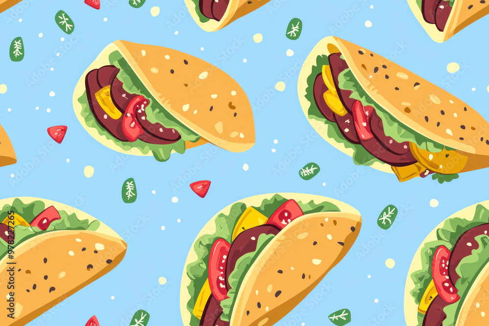 Cute cartoon seamless pattern with color flat mexican tacos on light blue background. Cute cartoon seamless pattern with color flat mexican tacos on light blue background.