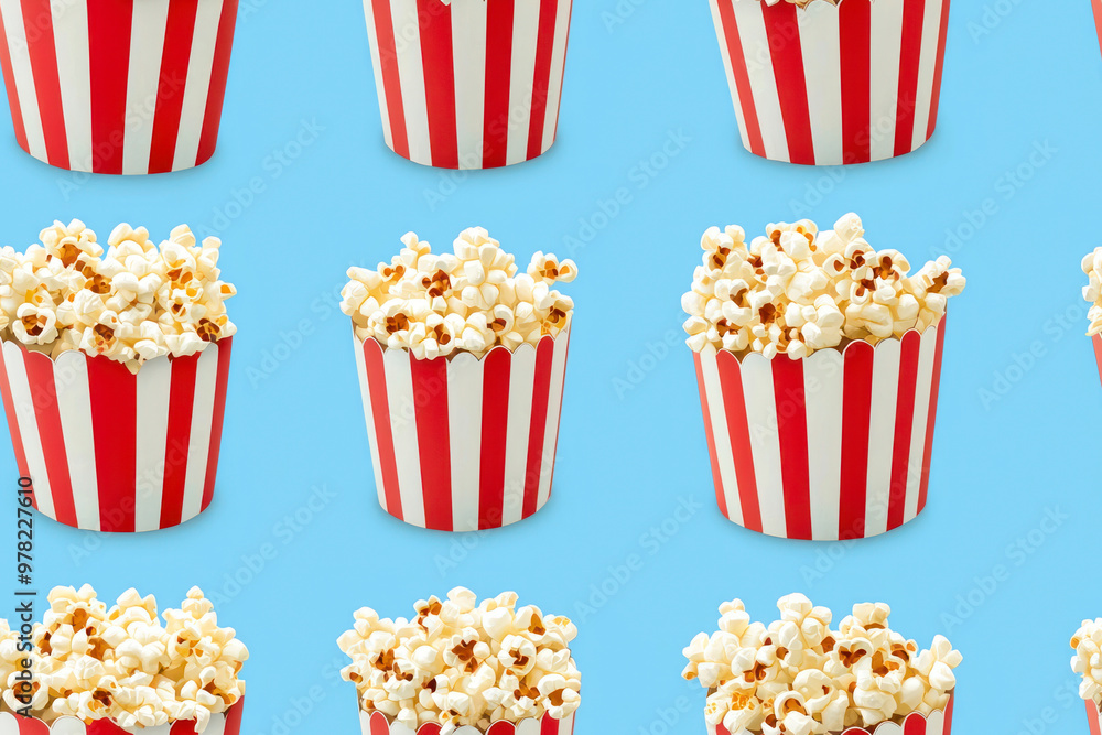Popcorn red and white striped bucket seamless pattern on blue background. Popcorn red and white striped bucket seamless pattern on blue background.