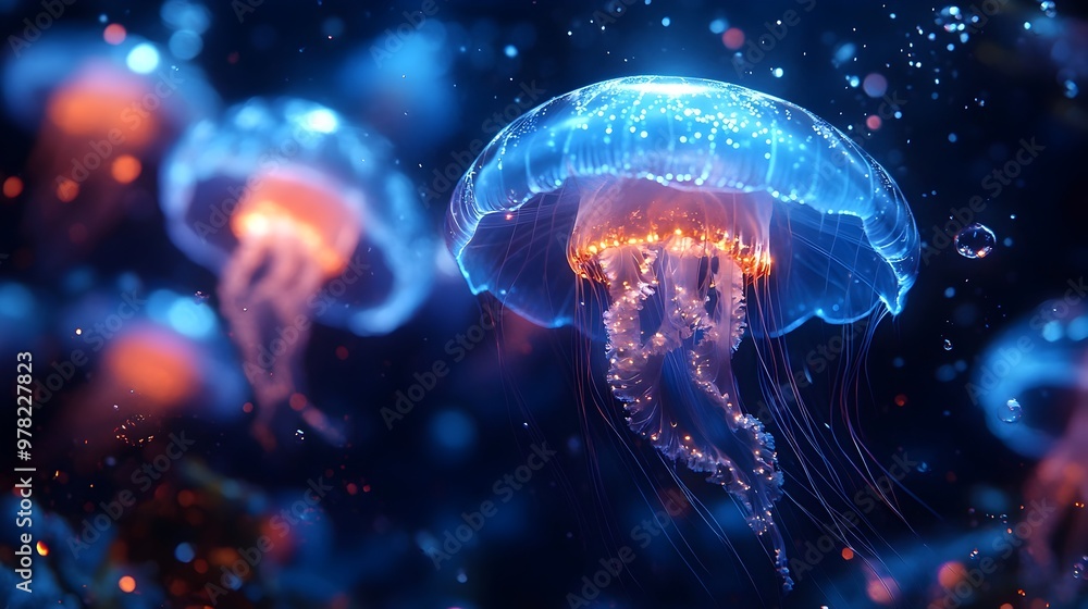 Ethereal Underwater Dreamscape with Glowing Jellyfish in Deep Blue Waters Ethereal Underwater Dreamscape with Glowing Jellyfish in Deep Blue Waters