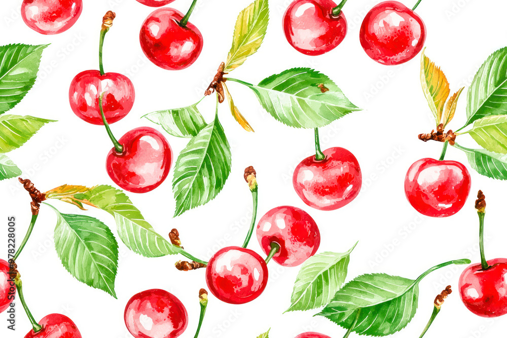 Seamless pattern of cherry fruit with green leaves on white background. Seamless pattern of cherry fruit with green leaves on white background.