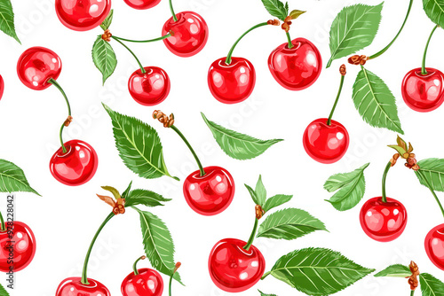 Seamless pattern of cherry fruit with green leaves on white background.