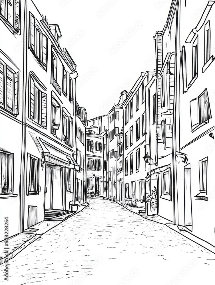 Fototapeta premium Line art illustration depicting a street scene with hand drawn ink sketches of buildings and streets in an outlined perspective view suitable for postcard designs