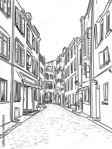 Line art illustration depicting a street scene with hand drawn ink sketches of buildings and streets in an outlined perspective view suitable for postcard designs