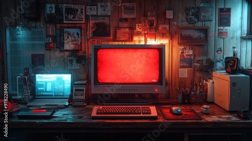 Retro Computer Desk with Red Screen