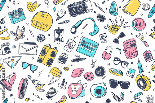 Urban hipster accessories pattern, smart colored doodles over white.