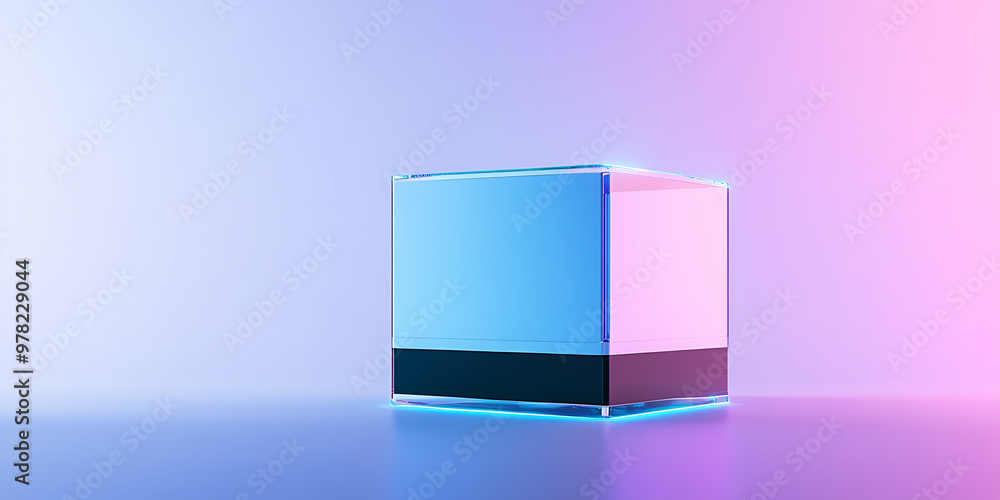 A glass cube with a black base sits on a gradient background of pink and blue, reflecting the colors. A glass cube with a black base sits on a gradient background of pink and blue, reflecting the colors.