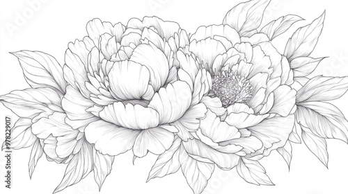 Peony Line Drawing Black and white floral bouquets Flower coloring page Floral line art Fine line peony illustration Hand drawn flowers Botanical coloring Wedding bouquet illustrations photo