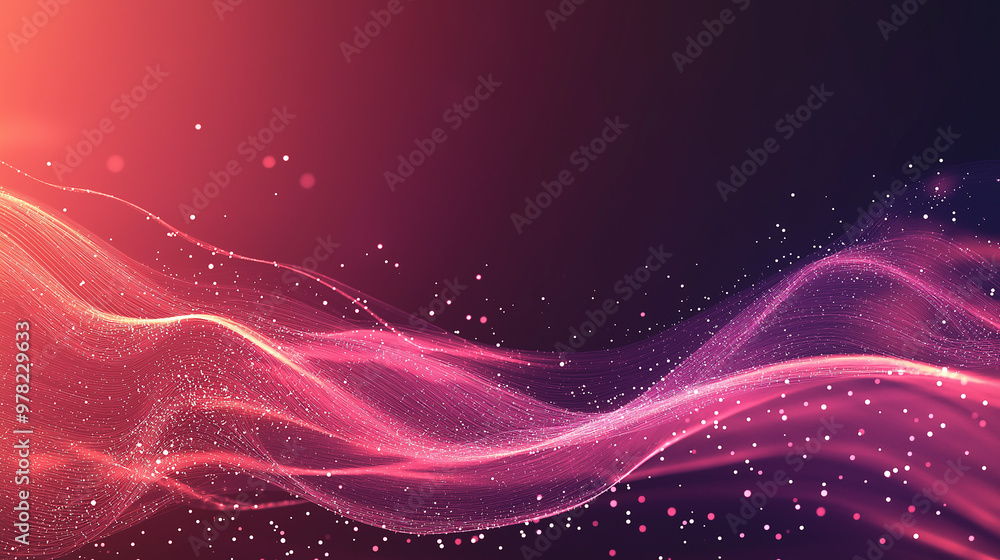 Fototapeta premium Abstract background with glowing waves and connections on a red background, featuring light purple, orange, and pink colors, digital network lines, and complex geometric shapes.