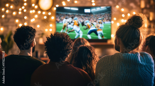 Friends gathered around television, watching football game with excitement in cozy atmosphere.