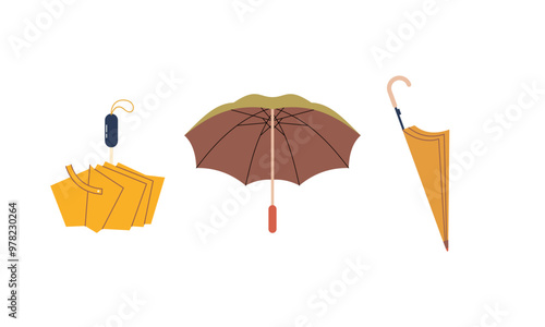 Umbrella logo, portable, collapsible devices designed to shield from rain or sunlight