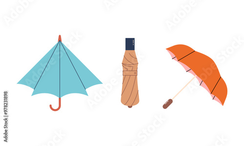 Umbrella logo, portable, collapsible devices designed to shield from rain or sunlight