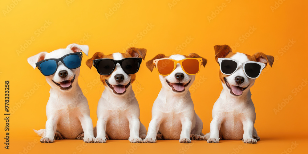 Four happy dogs wearing sunglasses pose against bright orange background Four happy dogs wearing sunglasses pose against bright orange background
