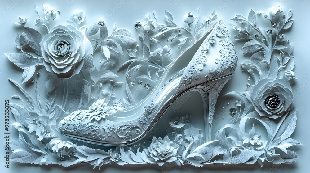 Obraz premium Exquisite Paper Cut High Heels Adorned with Ribbons Roses and Sparkling Details