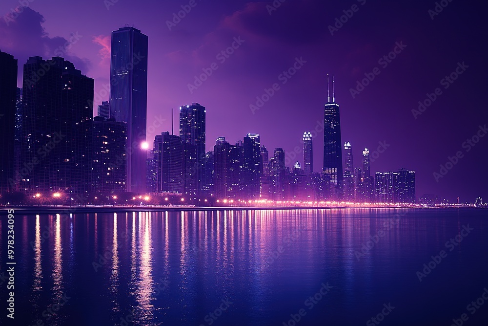 City skyline at dusk with towering skyscrapers and vibrant city lights reflecting on a river City skyline at dusk with towering skyscrapers and vibrant city lights reflecting on a river
