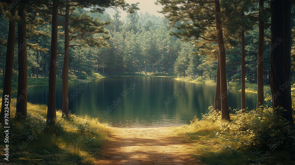 © NaphakStudio - A serene forest landscape featuring tranquil lake surrounded by tall trees and lush greenery. sunlight filters through leaves, creating peaceful atmosphere. © NaphakStudio - A serene forest landscape featuring tranquil lake surrounded by tall trees and lush greenery. sunlight filters through leaves, creating peaceful atmosphere.