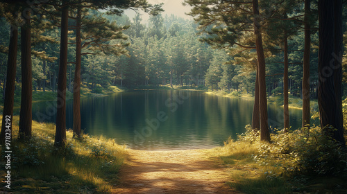 A serene forest landscape featuring tranquil lake surrounded by tall trees and lush greenery. sunlight filters through leaves, creating peaceful atmosphere.