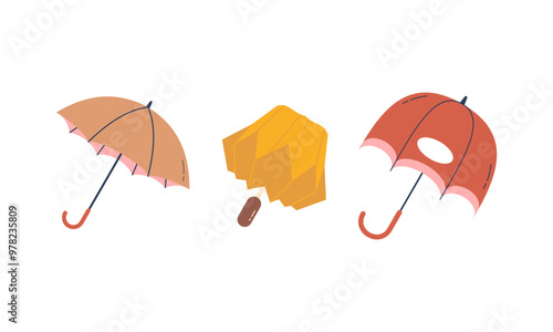 Umbrella logo, portable, collapsible devices designed to shield from rain or sunlight