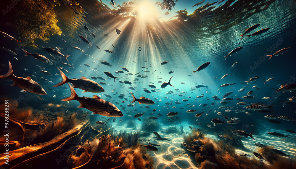 Obraz premium A sunlit aquatic dance of diverse marine life.