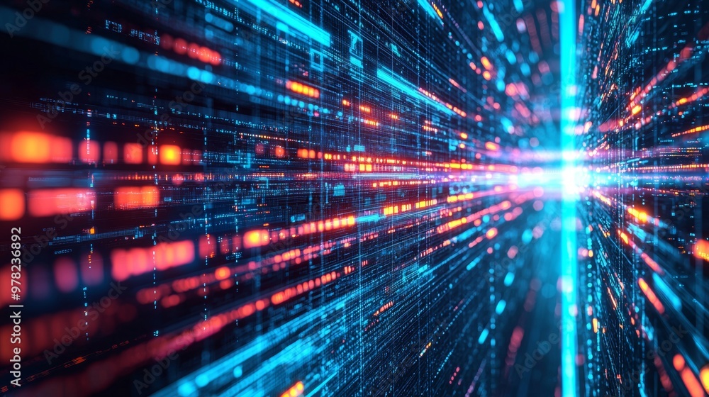 High-speed data stream with glowing red and blue lights High-speed data stream with glowing red and blue lights