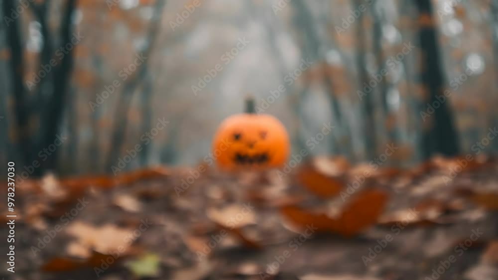 Halloween Pumpkin on Forest Floor with Falling Leaves, Spooky Autumn Scene, Jack-O'-Lantern in Misty Woods, Halloween Decorations, Seasonal Atmosphere, Creepy Forest Backdrop for Halloween Designs Halloween Pumpkin on Forest Floor with Falling Leaves, Spooky Autumn Scene, Jack-O'-Lantern in Misty Woods, Halloween Decorations, Seasonal Atmosphere, Creepy Forest Backdrop for Halloween Designs