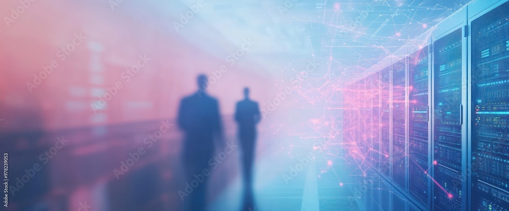 Fototapeta premium Silhouetted figures in a data center with digital connections.