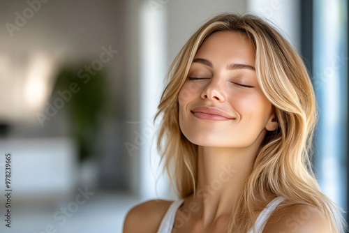 Relaxed woman in a serene indoor space with her eyes closed symbolizing mental clarity inner peace and the calming effects of mindfulness and self awareness Free Download Relaxed woman in a serene indoor space with her eyes closed symbolizing mental clarity inner peace and the calming effects of mindfulness and self awareness - GFXLoad