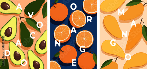Avocado orange mango fruits poster vector illustration. Tropical fruit design for background, fruit shop or juice bar poster, kitchen decor, and art print.