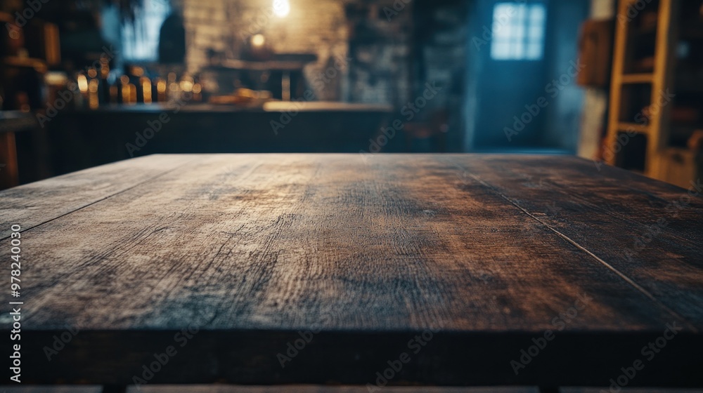 A rustic wooden table in a dimly lit room, suggesting a cozy, inviting atmosphere. A rustic wooden table in a dimly lit room, suggesting a cozy, inviting atmosphere.