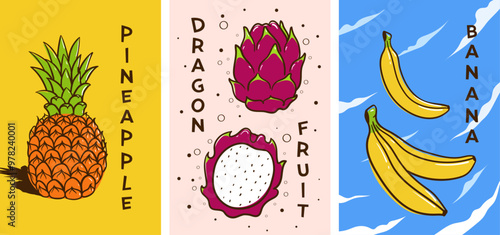Pineapple dragon fruit banana poster vector illustration