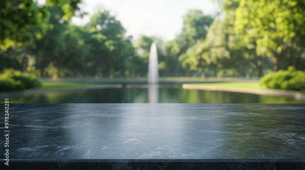 A serene park scene with a fountain reflecting nature's beauty. A serene park scene with a fountain reflecting nature's beauty.