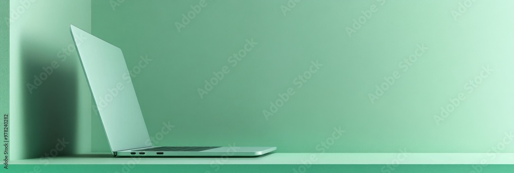 A minimalist workspace featuring a laptop against a soft green backdrop. A minimalist workspace featuring a laptop against a soft green backdrop.