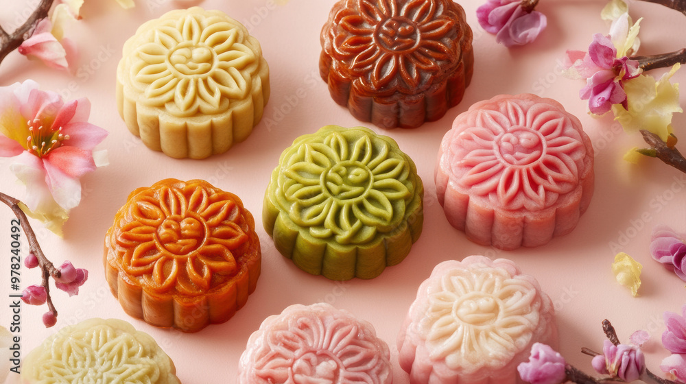 Delightful mooncakes in various colors symbolize unity and celebration Delightful mooncakes in various colors symbolize unity and celebration