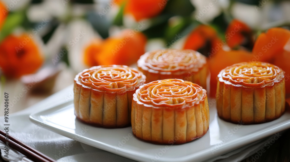 Delicious mooncakes are beautifully arranged on plate, surrounded by vibrant flowers Delicious mooncakes are beautifully arranged on plate, surrounded by vibrant flowers