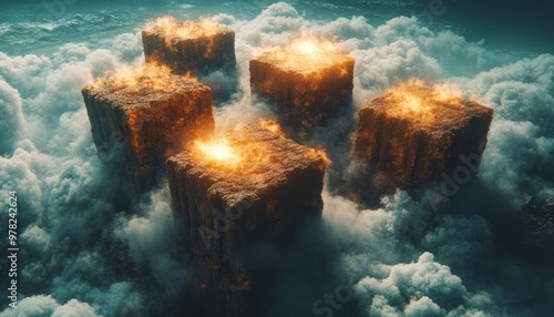 Burning Rock Formations Emerge from a Sea of Clouds