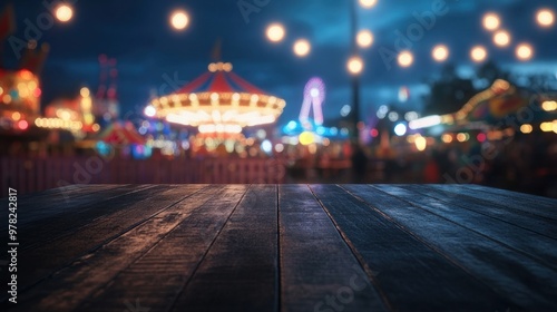 Wallpaper Mural A blurred carnival scene with a wooden table in the foreground, evoking a festive atmosphere. Torontodigital.ca
