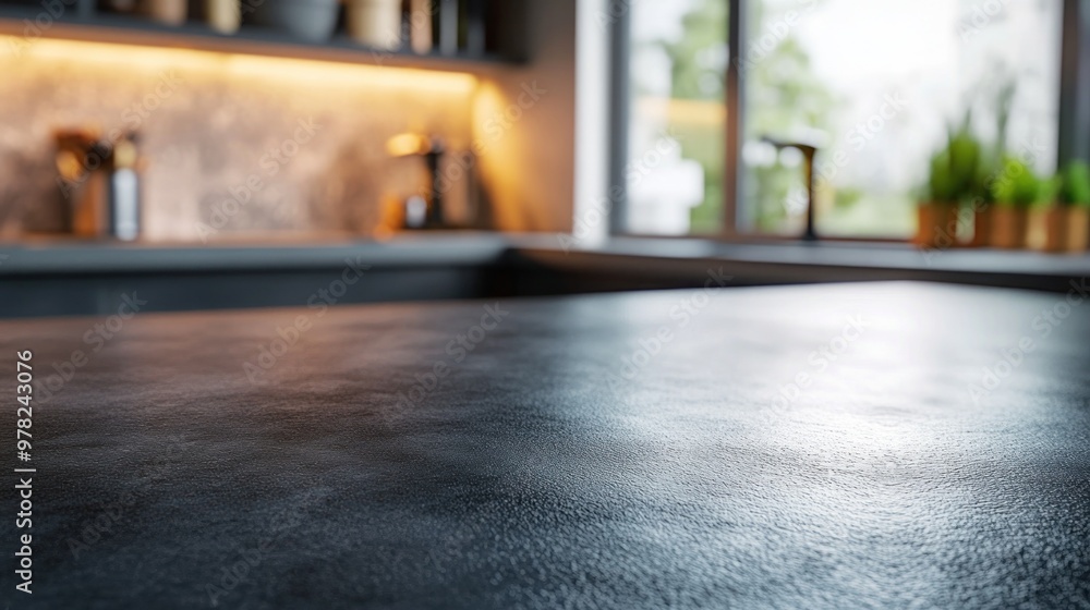 A modern kitchen countertop with a sleek finish and natural light streaming in. A modern kitchen countertop with a sleek finish and natural light streaming in.