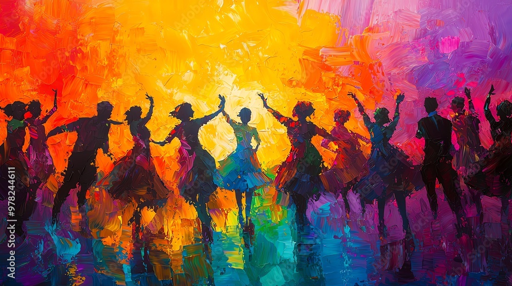 Abstract art of people dancing at a festival, vibrant colors and dynamic lines reflecting happiness and energy Festival dancers, Abstract joy Abstract art of people dancing at a festival, vibrant colors and dynamic lines reflecting happiness and energy Festival dancers, Abstract joy