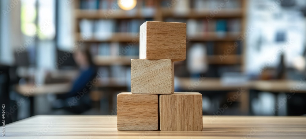 Wooden blocks stacked on top of each other, each block slightly smaller than the one below it. The background shows an out-of-focus office setting with bookshelves and blurry people in motion. Wooden blocks stacked on top of each other, each block slightly smaller than the one below it. The background shows an out-of-focus office setting with bookshelves and blurry people in motion.