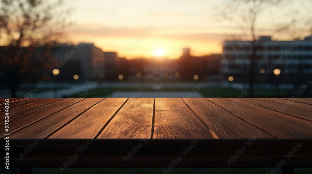 A wooden table in the foreground with a sunset view in the background. A wooden table in the foreground with a sunset view in the background.