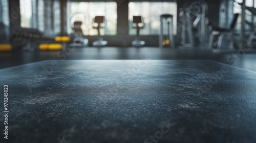 A close-up view of a gym floor with exercise equipment in the background.