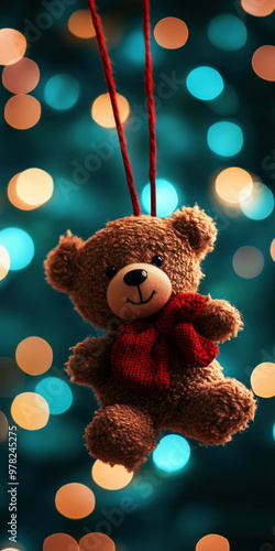 Wallpaper Mural A teddy bear is hanging from a string with a red scarf around its neck. The image has a festive and playful mood, as it is likely meant to be a decoration for a holiday or special occasion Torontodigital.ca