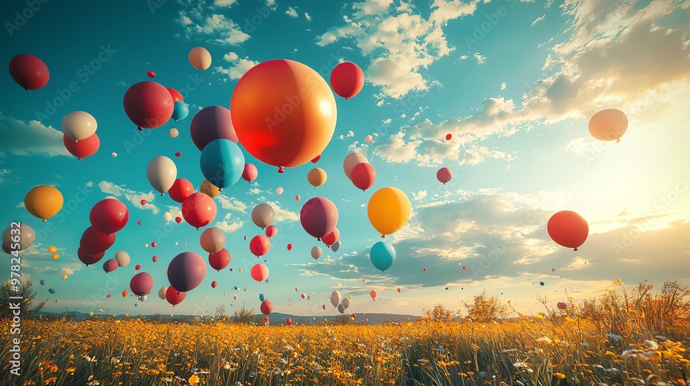 Fototapeta premium Surreal image of balloons floating into a bright sky, symbolizing freedom and happiness Balloons in sky, Abstract joy