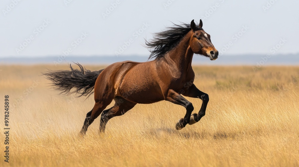 Bay Horse Galloping Through Golden Grass Bay Horse Galloping Through Golden Grass