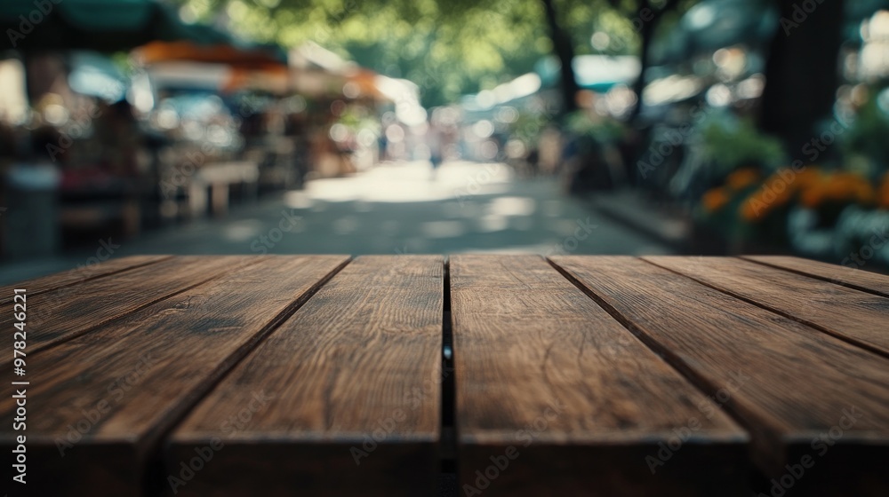 A wooden table in a vibrant outdoor market setting, inviting exploration and social interaction. A wooden table in a vibrant outdoor market setting, inviting exploration and social interaction.