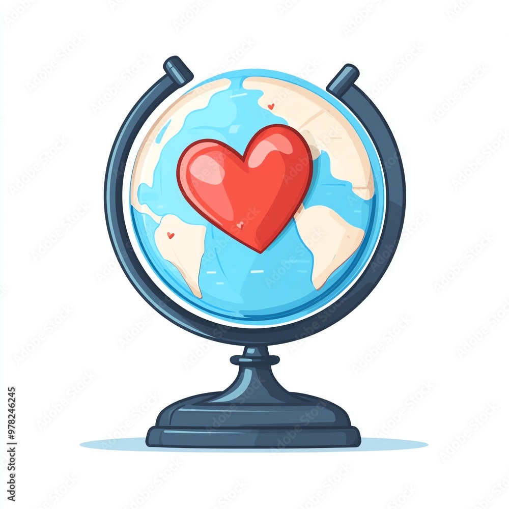 A globe with heart symbol, global kindness movement, flat illustration, blue and red, isolated on white background A globe with heart symbol, global kindness movement, flat illustration, blue and red, isolated on white background