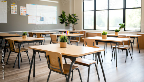 Bright and modern classroom with wooden tables, chairs, and plants. Ideal for educational or interior design projects.