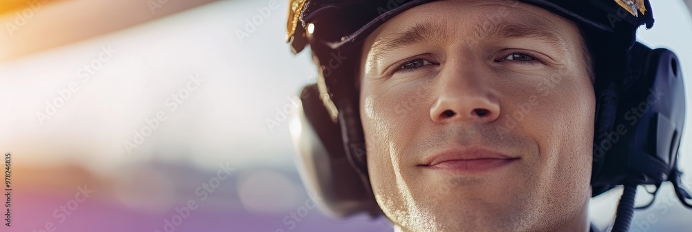 A confident pilot wearing a headset, ready for flight. A confident pilot wearing a headset, ready for flight.
