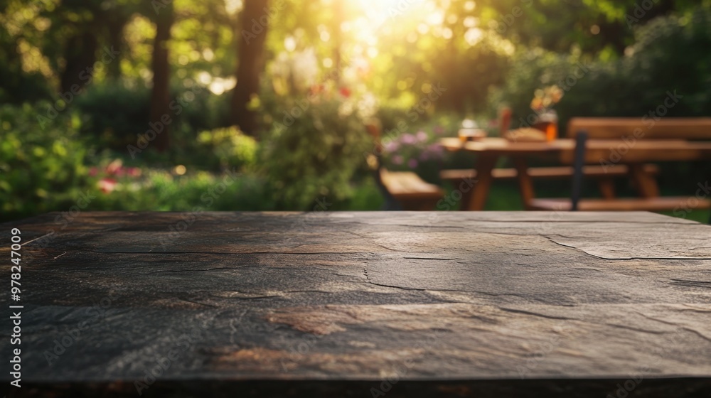 A serene garden scene with a rustic table in focus, surrounded by lush greenery and flowers. A serene garden scene with a rustic table in focus, surrounded by lush greenery and flowers.